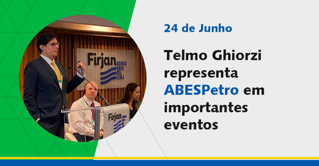 Capa da notícia "Telmo Ghiorzi representa Abespetro em importantes eventos", com fotografia do Telmo, em pé, falando com o público