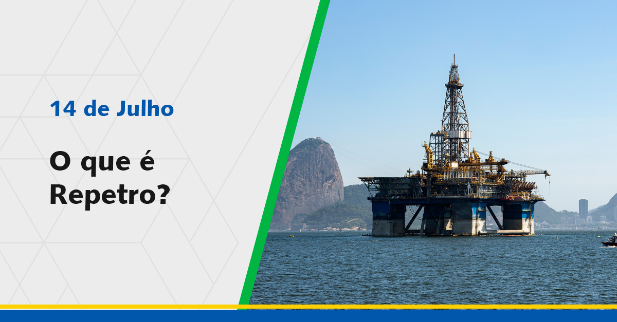 Capa da notícia "O que é Repetro?", com a imagem de uma plataforma na água