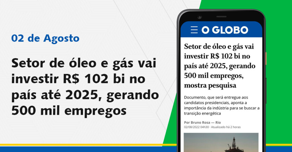 Capa da notícia "Setor de óleo e gás vai investir R$102 bilhões no país até 2025, gerando 500 mil empregos", com a imagem de um celular contendo o print da notícia publicada no jornal O Globo